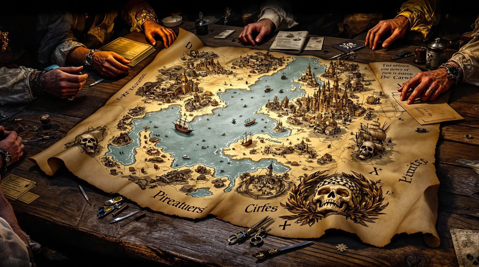 3D Pirate Treasure Map with Pirates, Frazetta & Sime Style