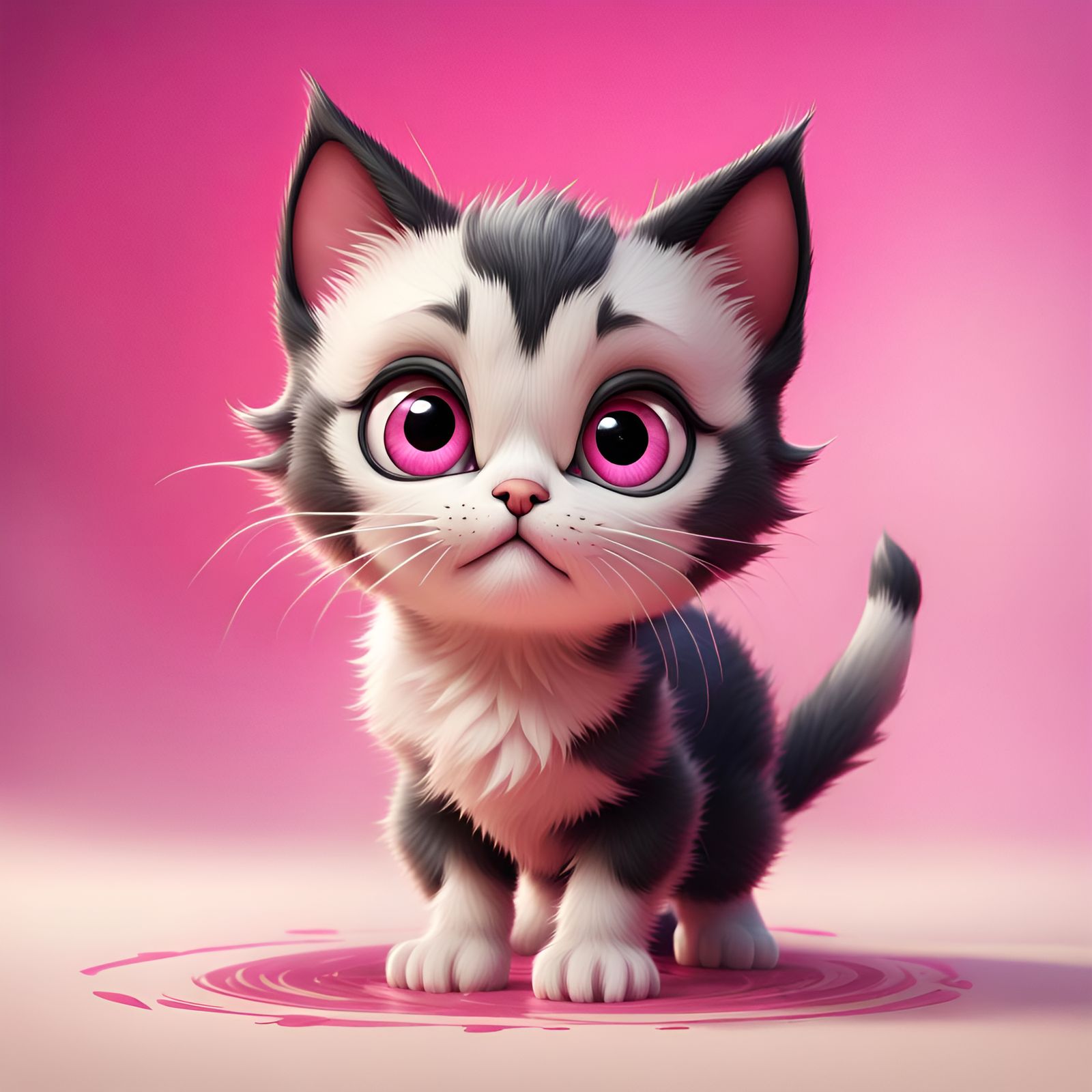 Cute Kitten in Sumi-e Style with Pink Circle