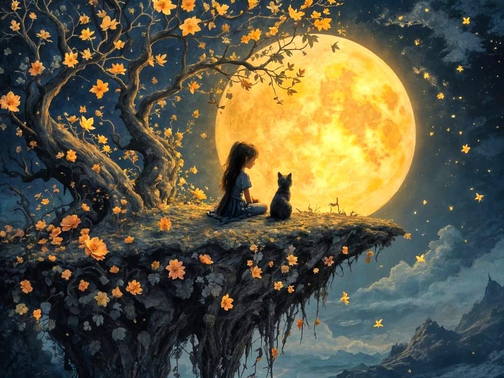 Whimsical Full Moon Scene in Vibrant Textured Painting