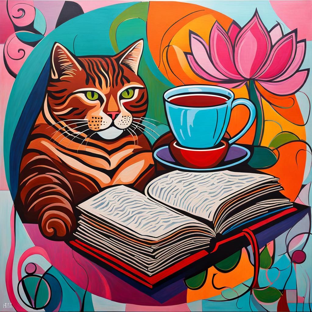 Modern Oil Painting of Tea, Book, and Cat