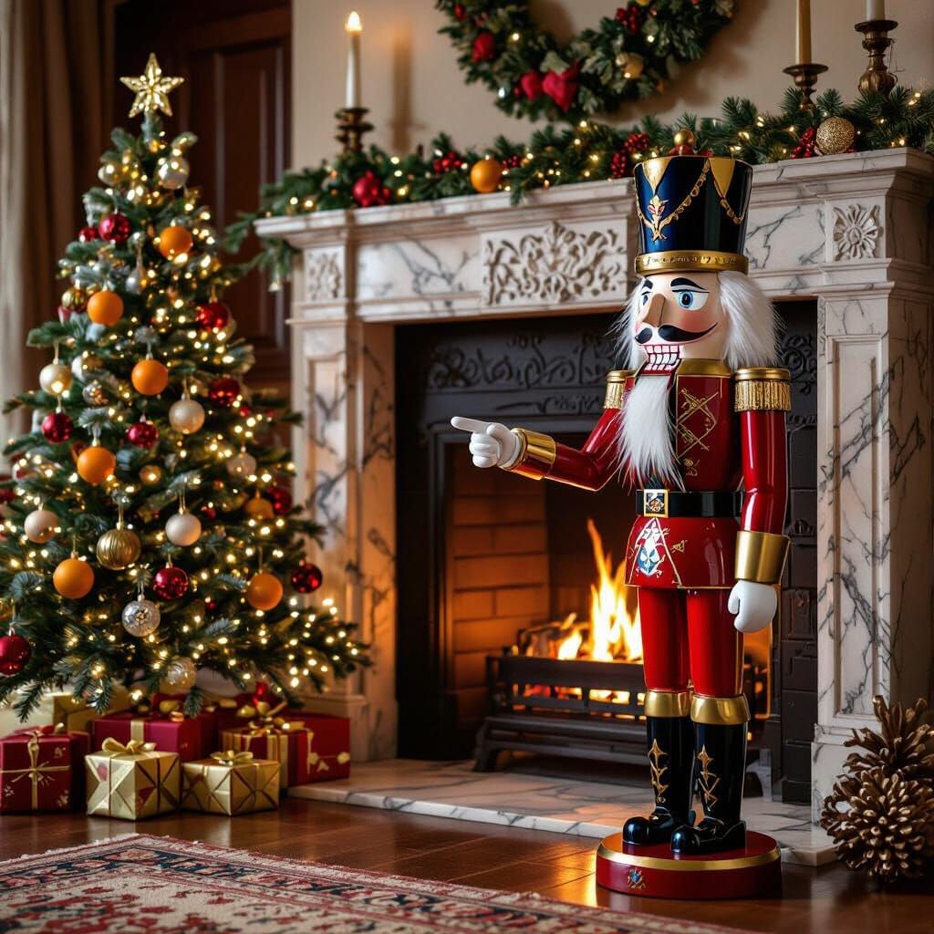 Christmas Nutcracker Points to Periodic Table by Fireplace