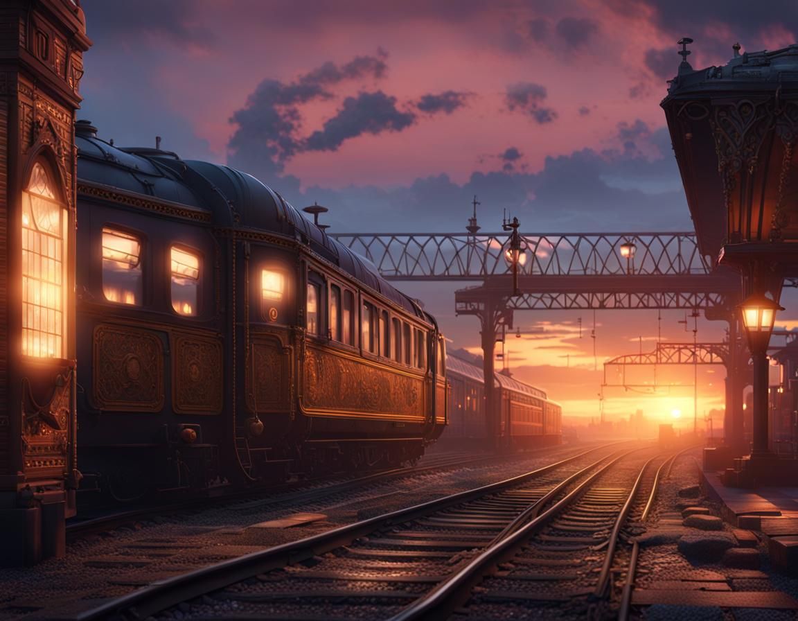 Sunset Train Station in Steampunk Matte Painting