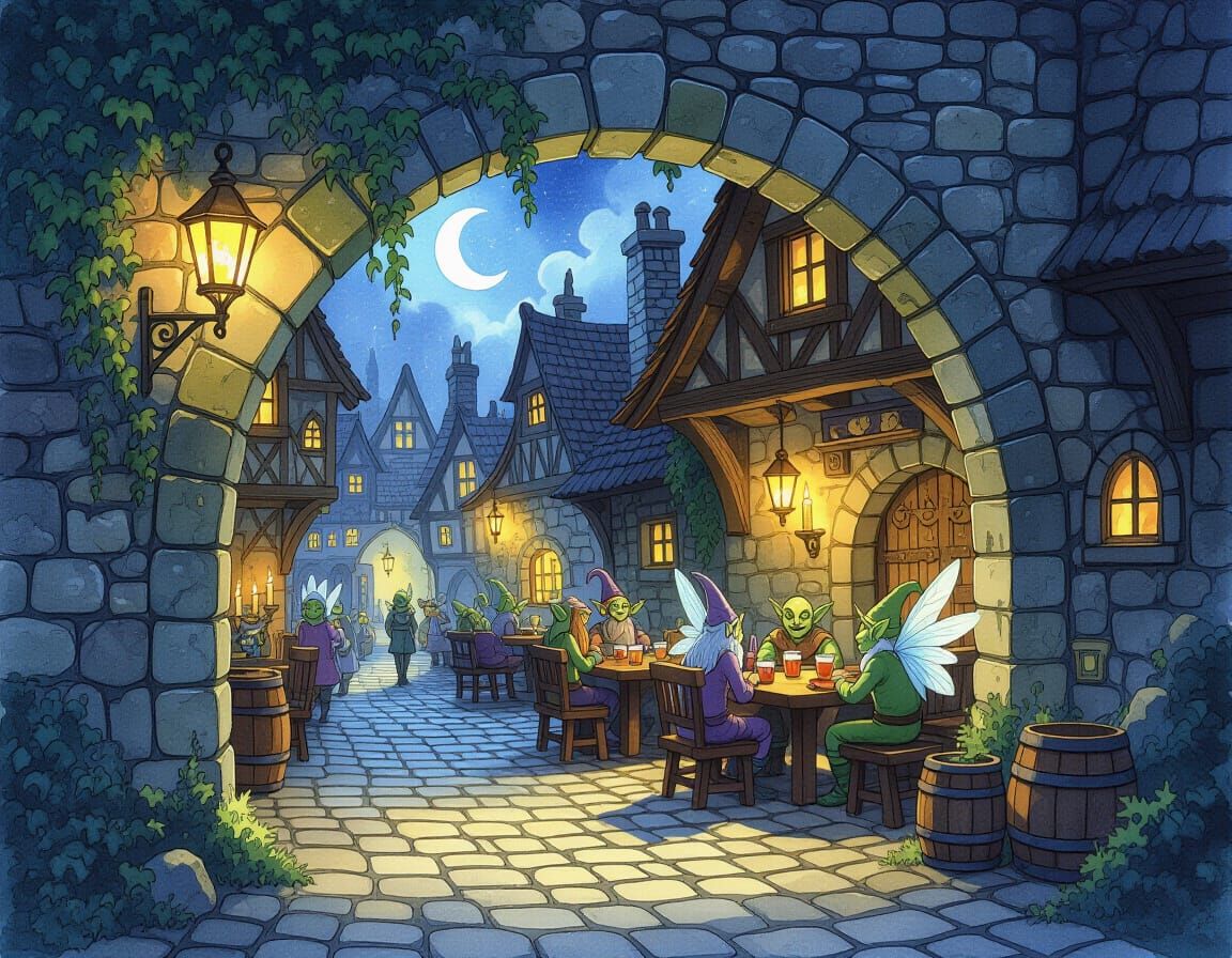 Ancient Stone Archway Leads to Whimsical Tavern with Fairies