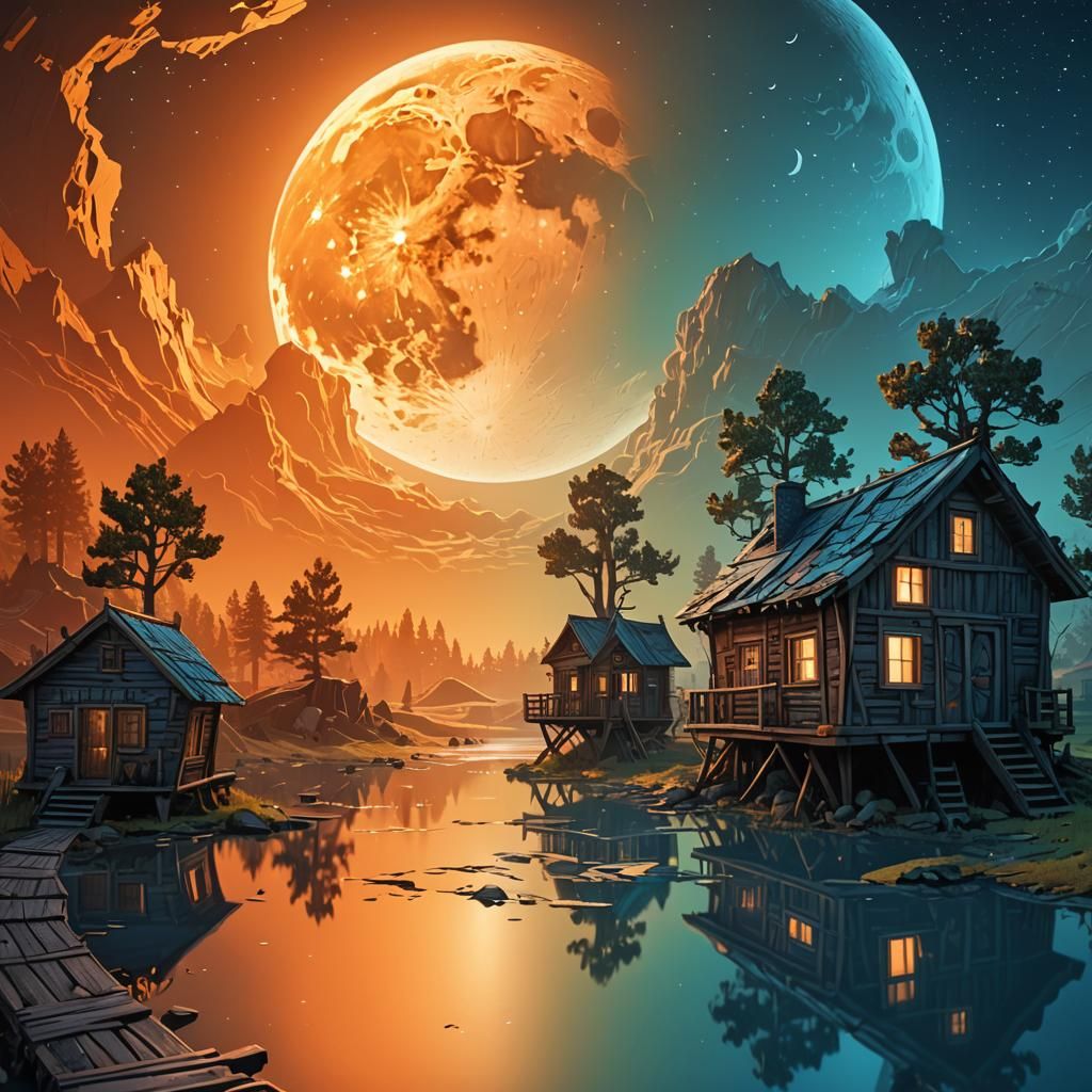 Wooden shack shaped moon with bold outlines, graphic comic book style, Complex contrast, HDR, Sharp, soft Cinematic Volu...