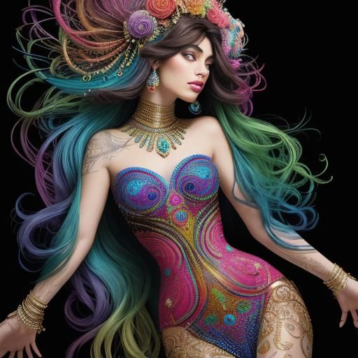 Peacock Haired Woman in Abstract Expressionism Style