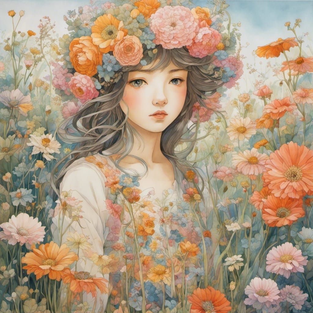 Floral Girl Portrait in Watercolor Art Brut Style