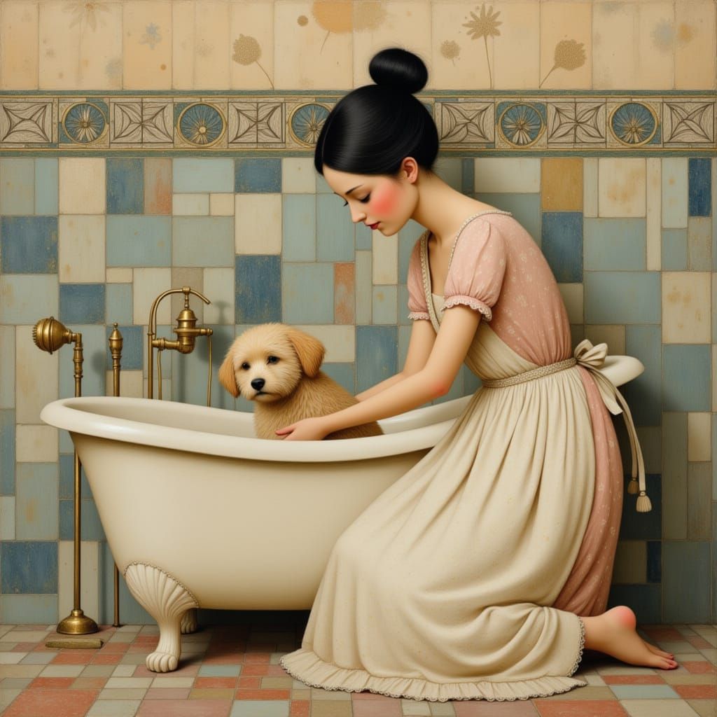 1910 Bathroom Scene: Woman Bathes Fluffy Dog