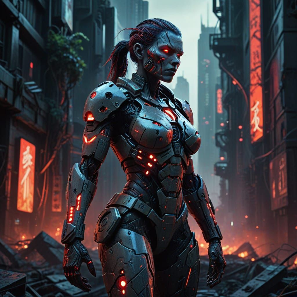 Cybernetic Orc Warrior in Dystopian Anime City