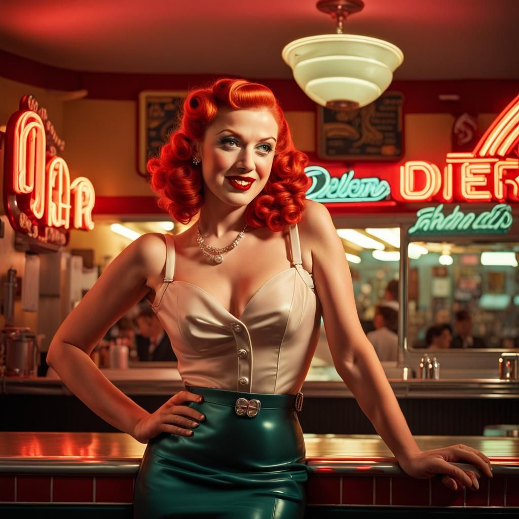 Vintage Diner Pinup Girl in Neon Light