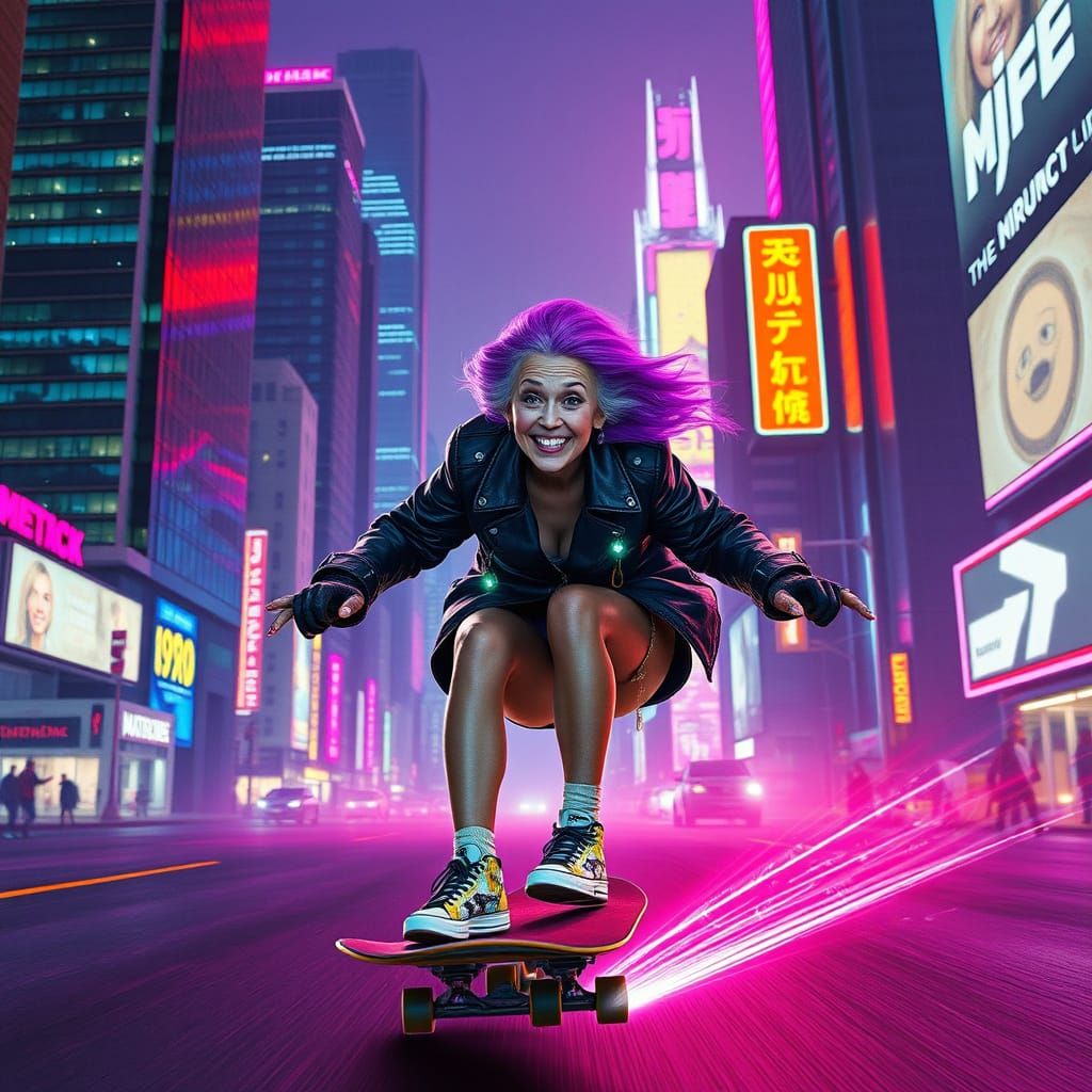 Elderly Woman Skateboarding Through Cyberpunk Cityscape