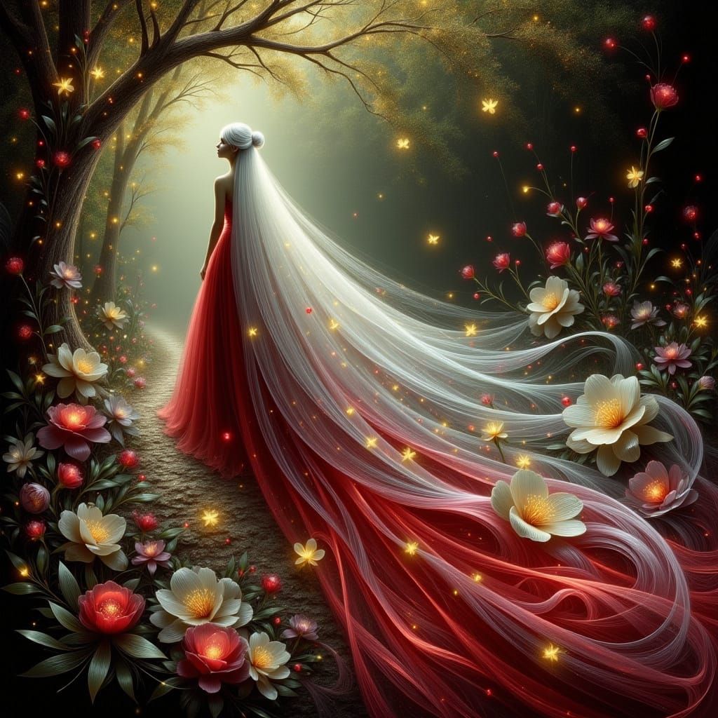 Ethereal Woman with White Hair in Red Gown