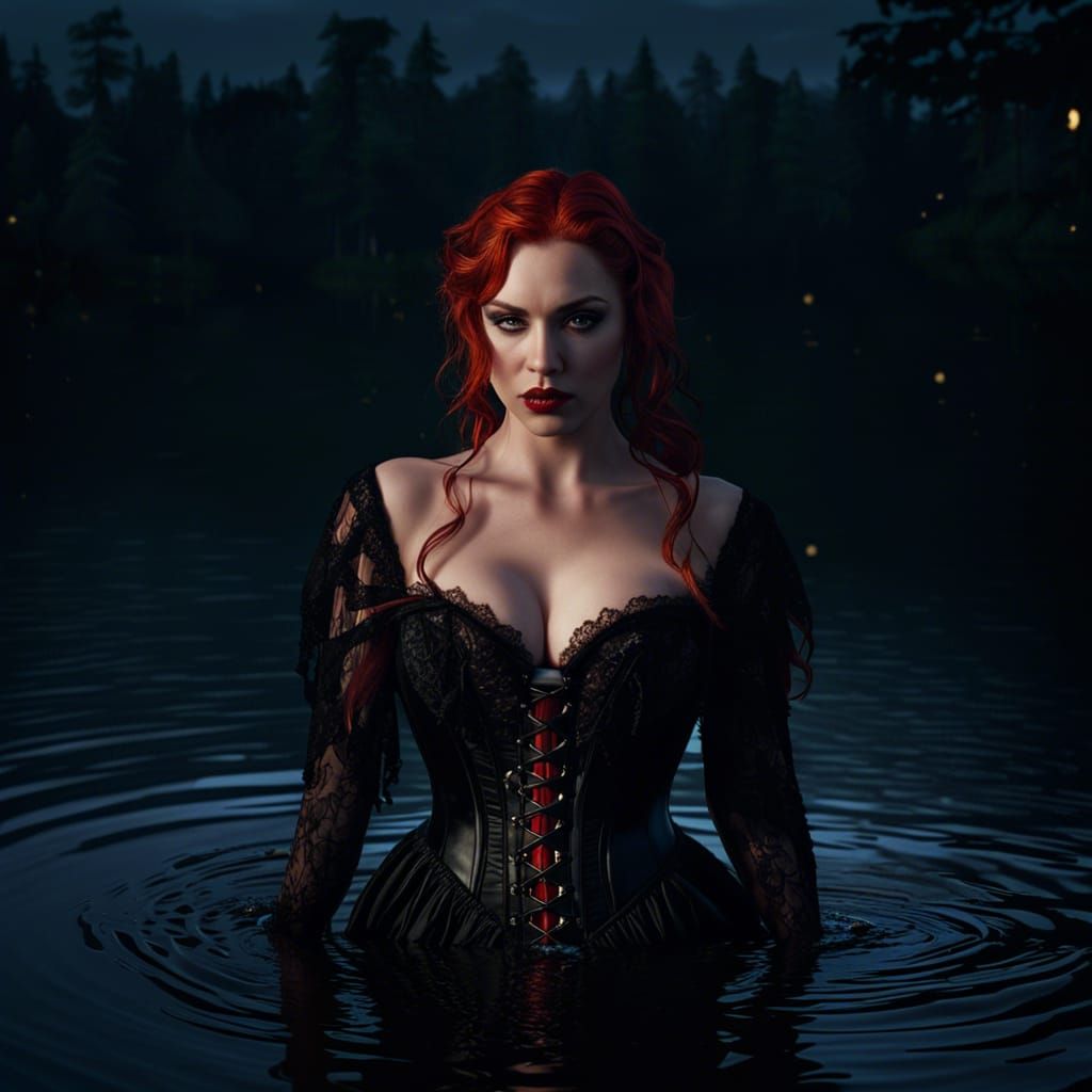 Hyperrealistic Vampire in Lake on Dark Night