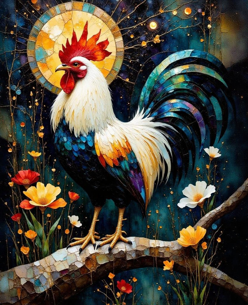 Bioluminescent Jungle Rooster in Impasto Stained Glass