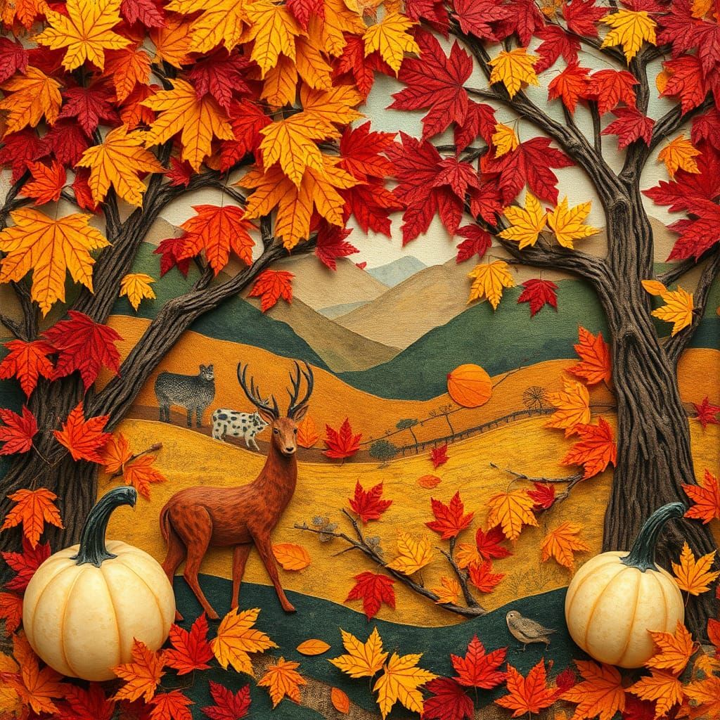 Whimsical Collage Landscape with Animals in Naive Style