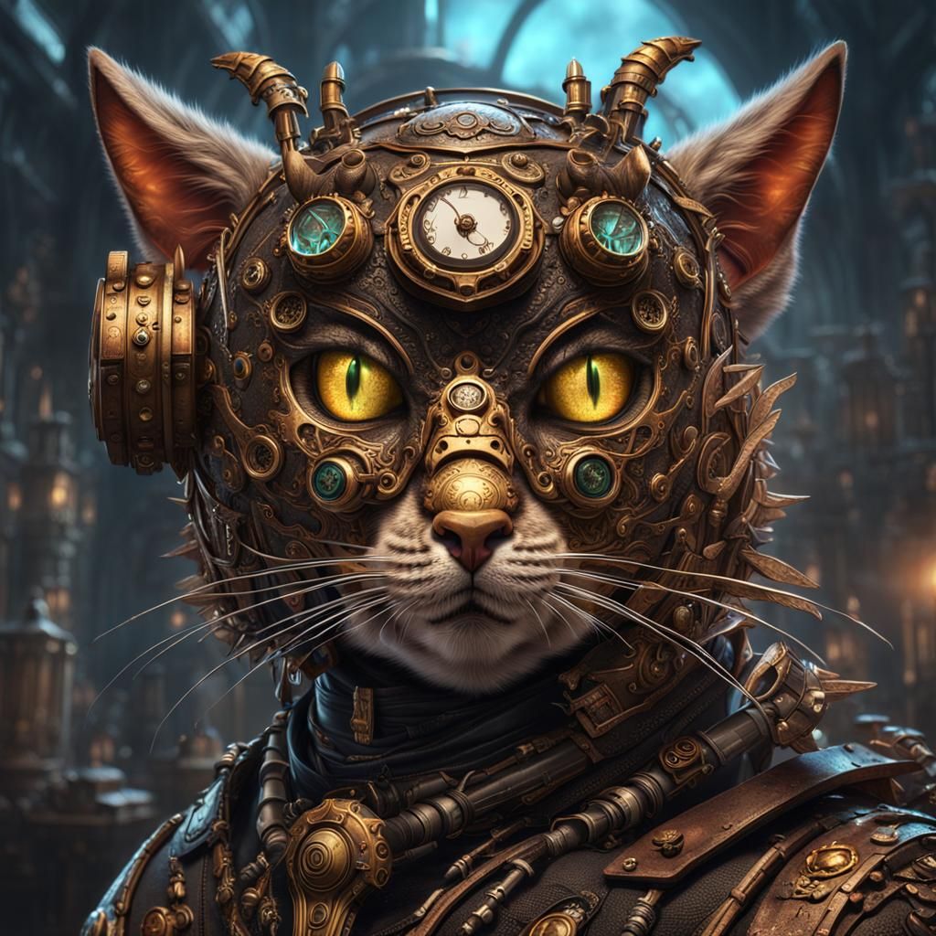 Steampunk Cyborg Cat Dragon in Detailed Matte Painting