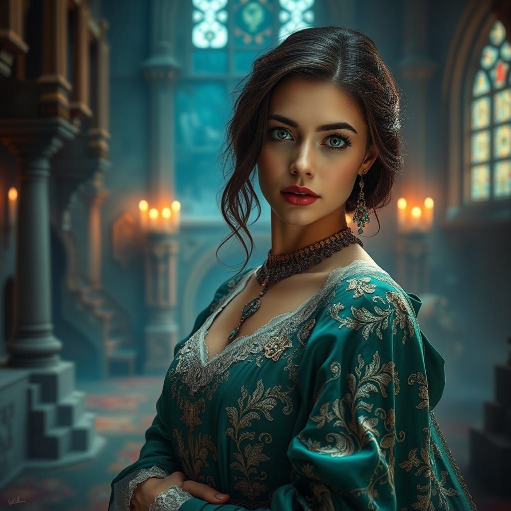 Medieval Woman in Emerald Dress, Hyperrealistic Portrait