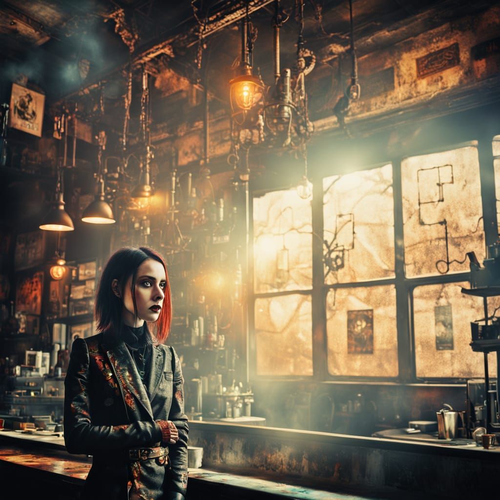 Gothic Surrealism: Goth Model in Coffee Shop