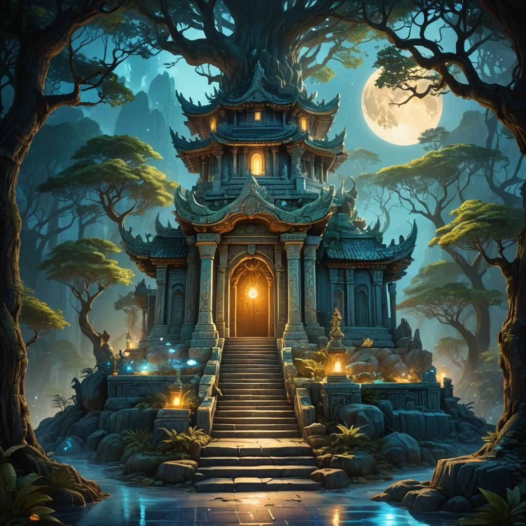 Moonlit Temple in Coastal Forest, Fantasy Concept Art