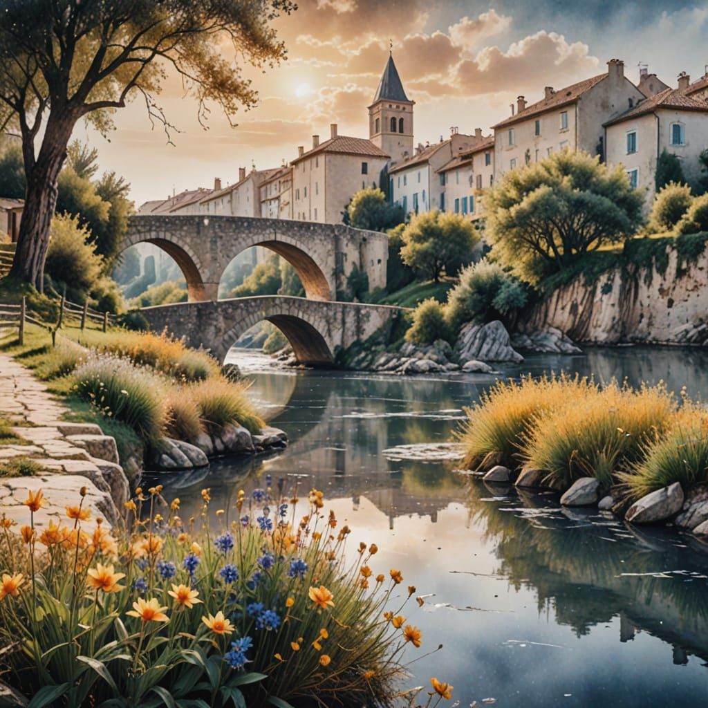 French Medieval Village Watercolor Painting at Sunset