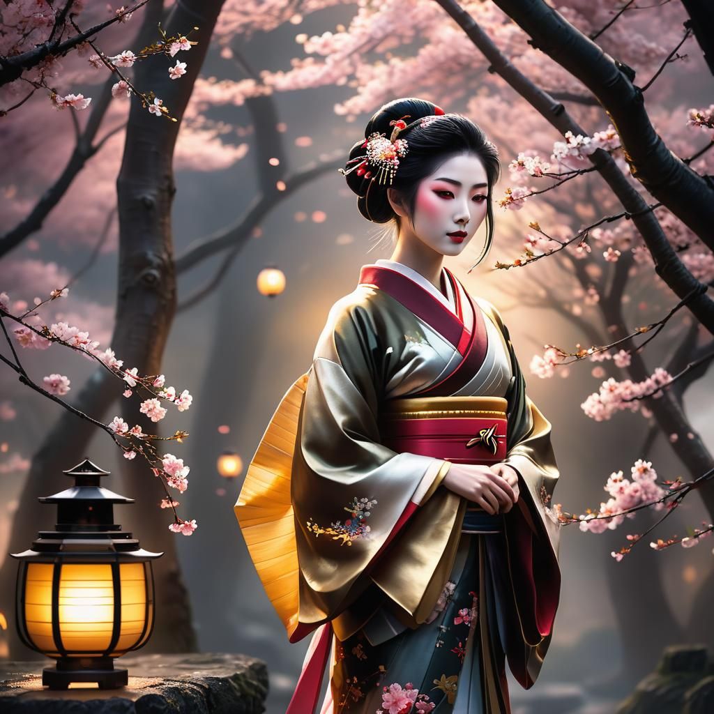 Geisha in Misty Garden: Japanese Fantasy Art
