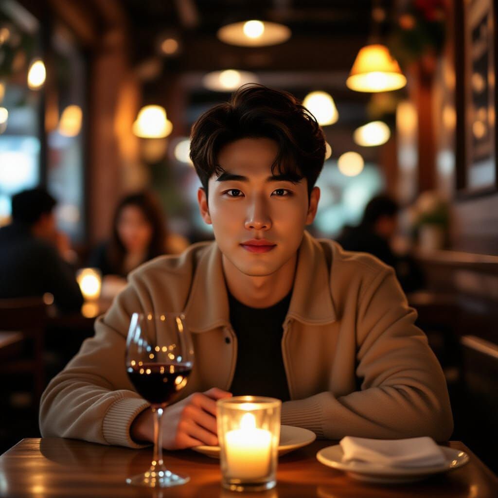 Young Korean Man on Romantic Candlelit Restaurant Date