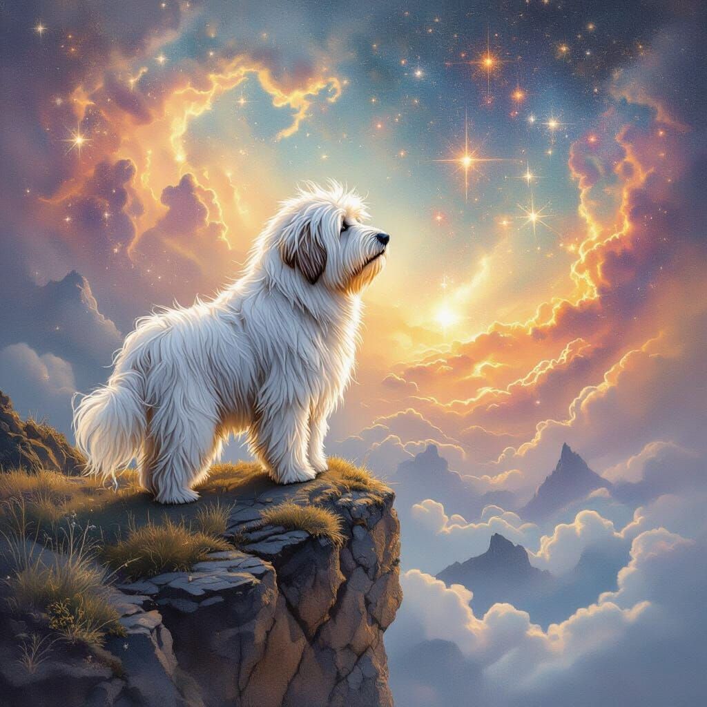 Cosmic Sheepdog Gazing at Galaxy in Watercolor Style