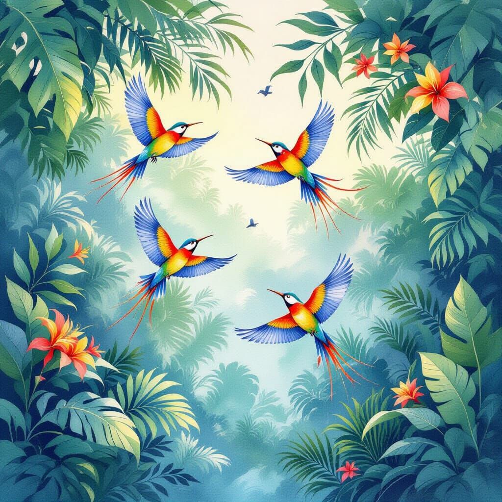 Tropical Birds Flying Through Jungle in Watercolor Style