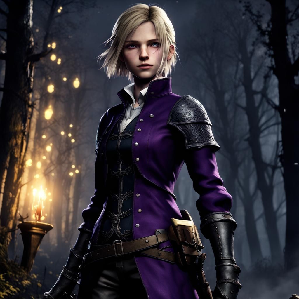 Dreamy Girl in Hunter Armor in Dark Forest