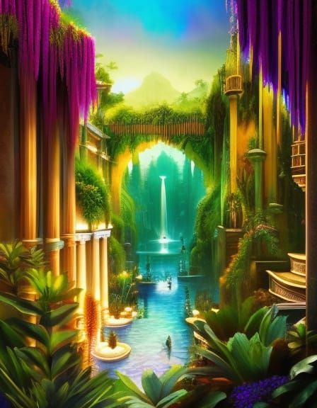 Lush Hanging Gardens of Babylon Ink Painting