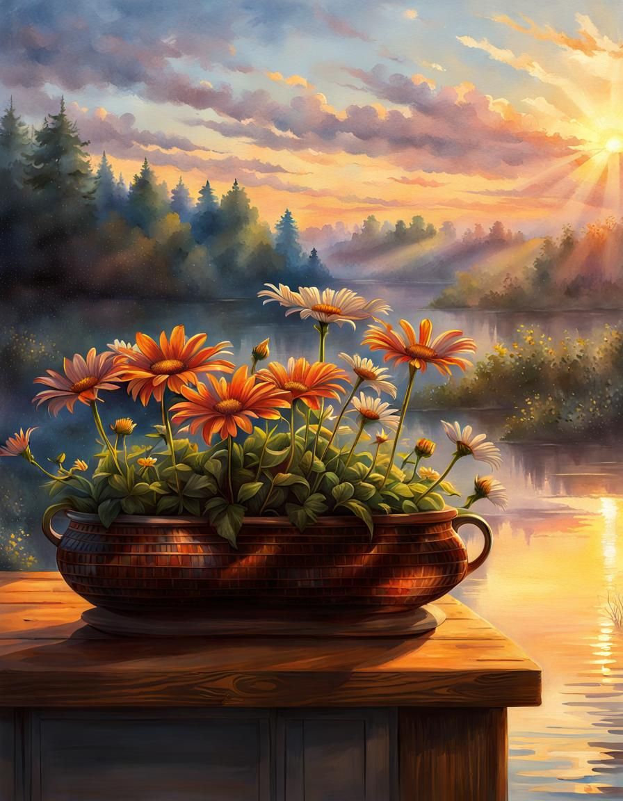 Daisies in Weave Vase at Dawn, Color Pencil Drawing