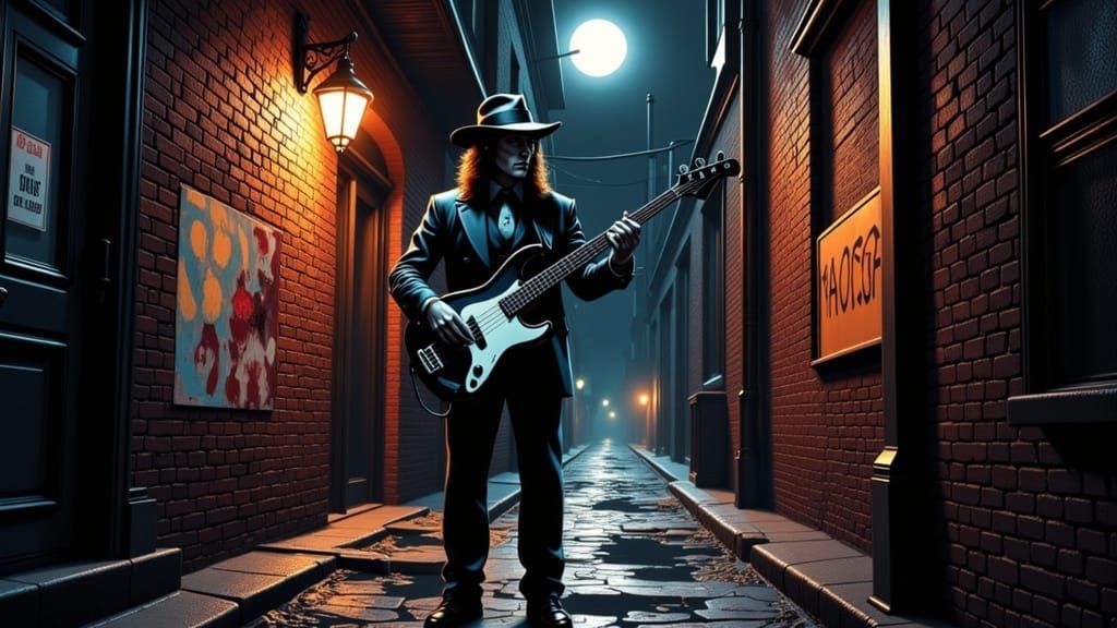 Satyr Plays Bass in Grimy Alleyway, Comic Book Style