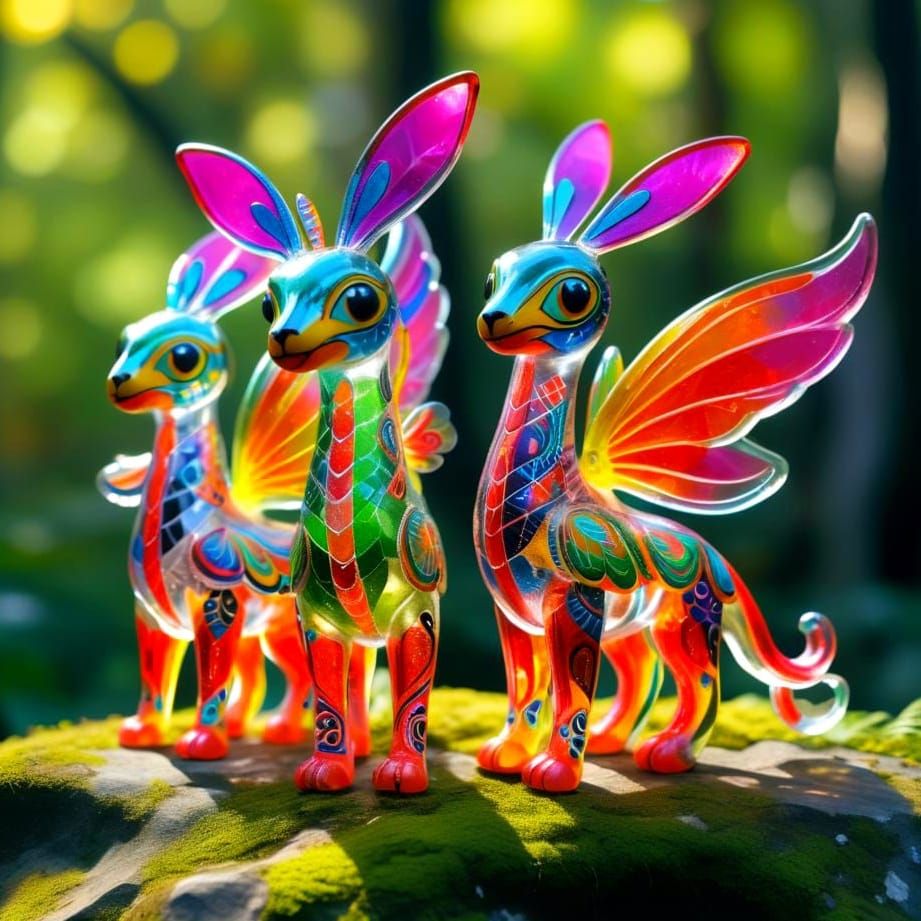 Neon Glass Alebrijes with Wings in Art Nouveau Style