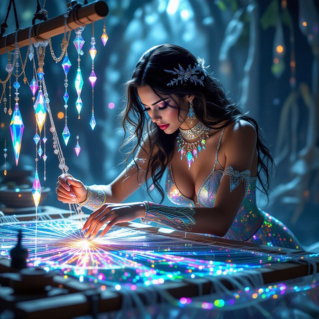 Spider-Woman Weaves Crystal Tapestry on Glass Loom