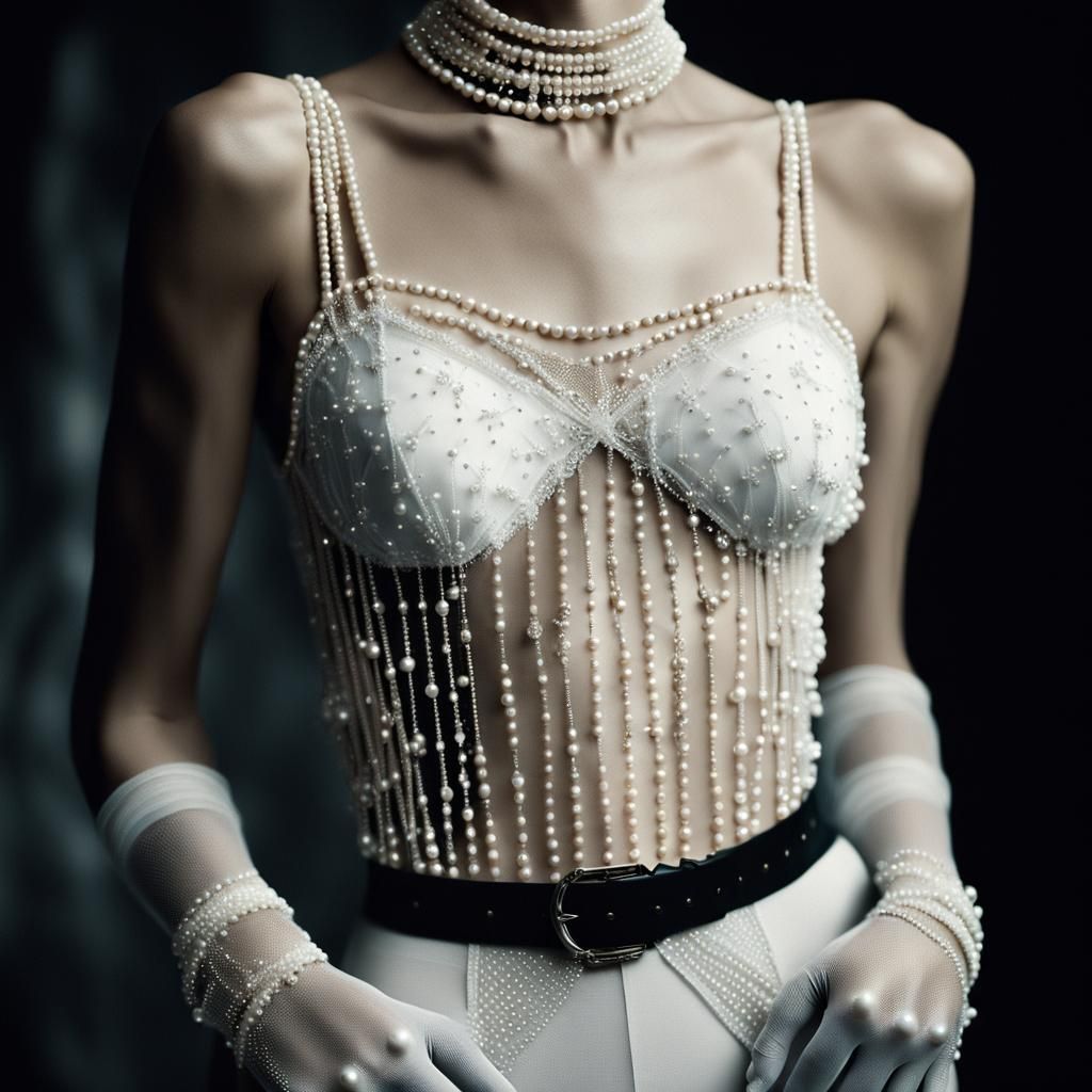 Model in Pearl-Accented Lingerie: Cinematic Film Still
