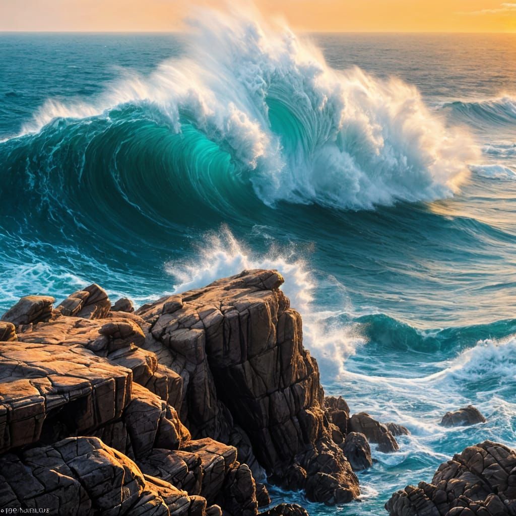 Giant waves Breaking on a Rocky Coastline