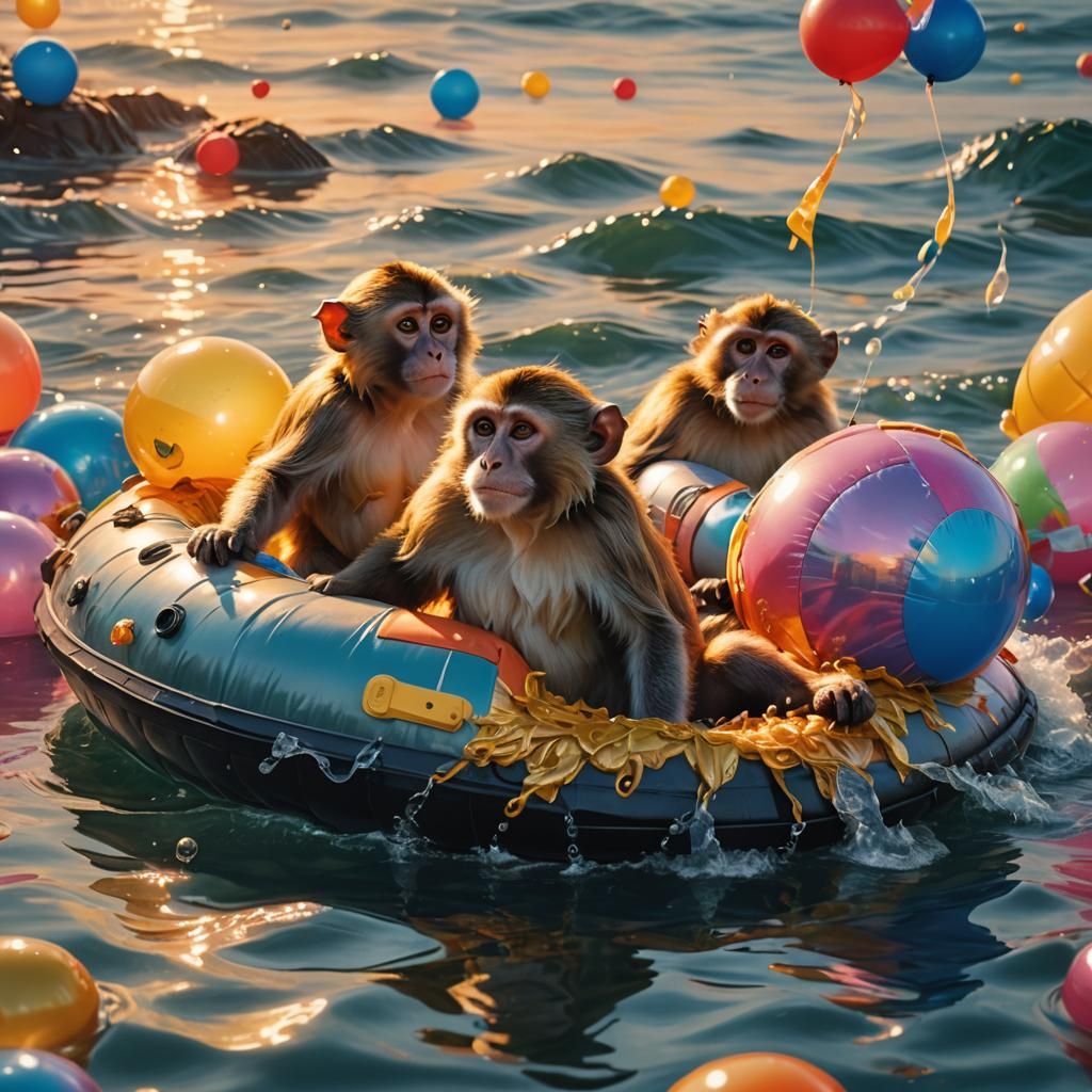 Monkeys in a Boat: Hyperrealistic Splash Art