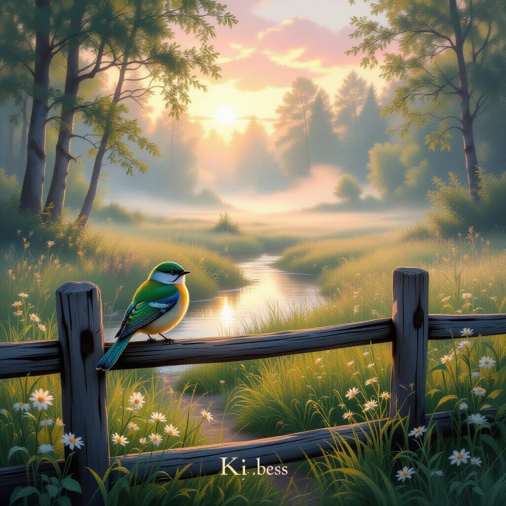 Enchanted Forest Sunrise with Bird on Fence