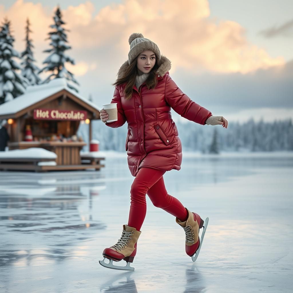 Winter Scene: Woman Skating on Frozen Lake in Hyperrealism