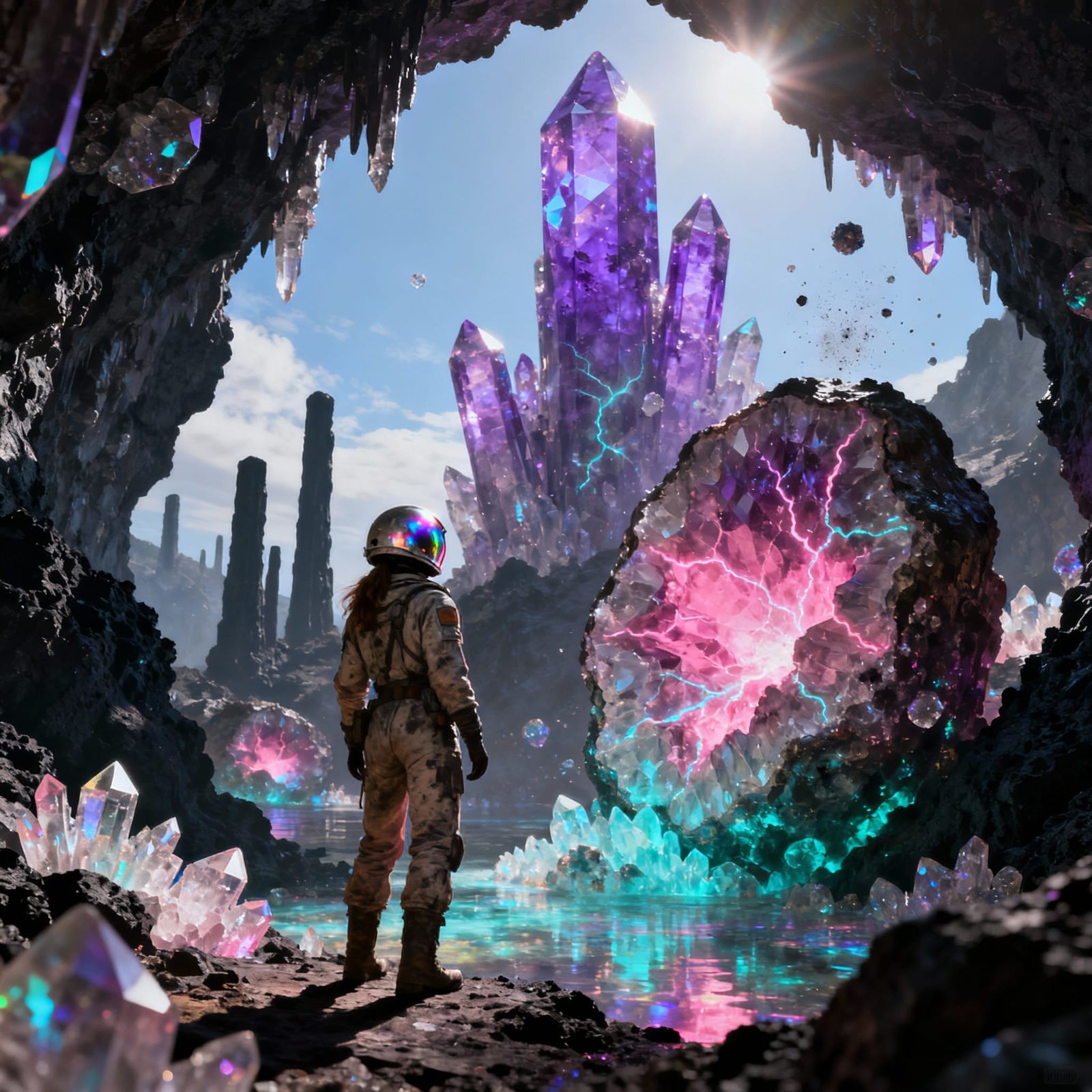 Woman Explorer Enters Vibrant Geode World