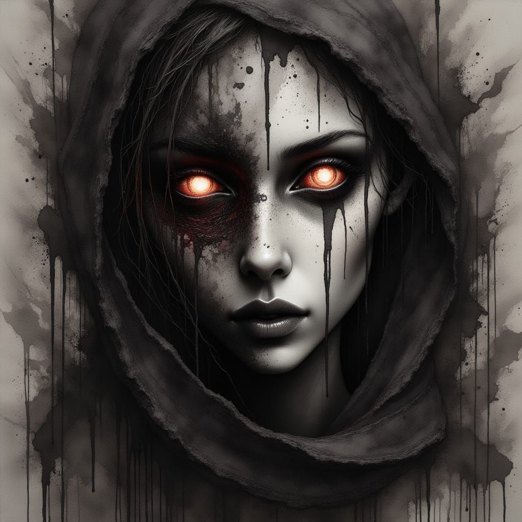 Moody Figures Emerging from Shadows in Mixed Media Style