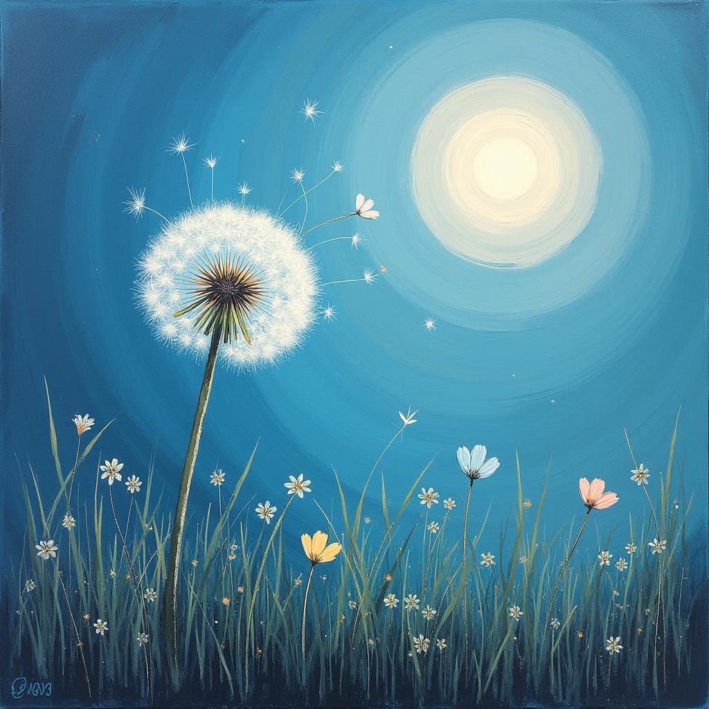 Ballerina Dandelion in Moonlit Field: Abstract Art