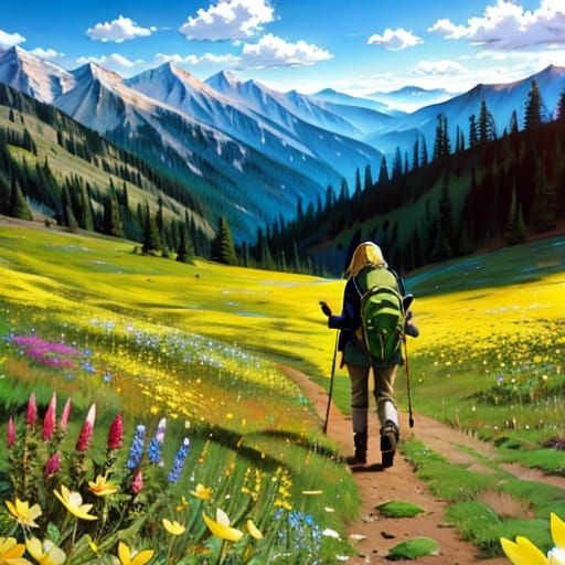 Blonde Backpacker in Spring Mountain Field: Vibrant Oil Pain...