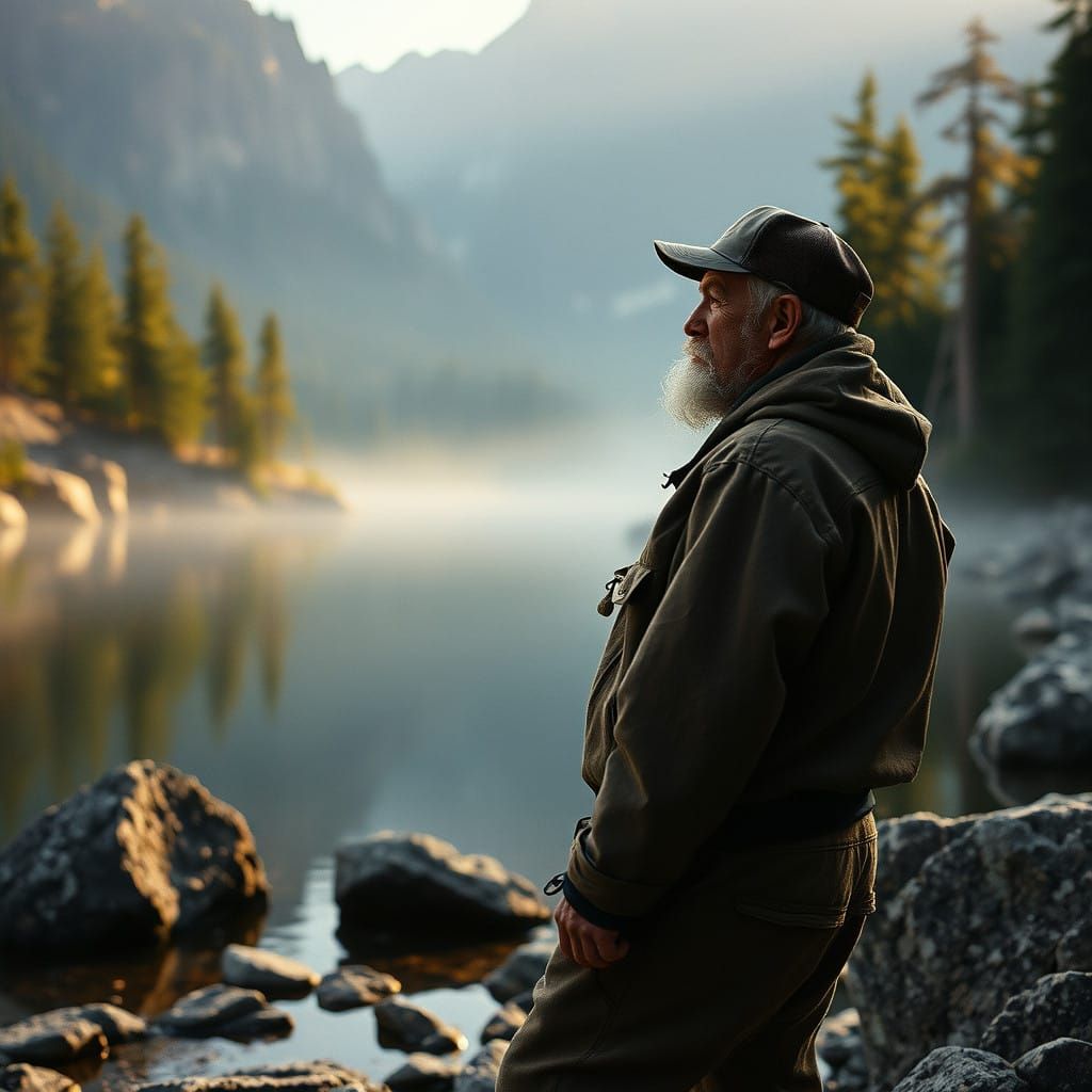 Fisherman in Earth-Toned Waders Amidst Majestic Evergreen Tr...