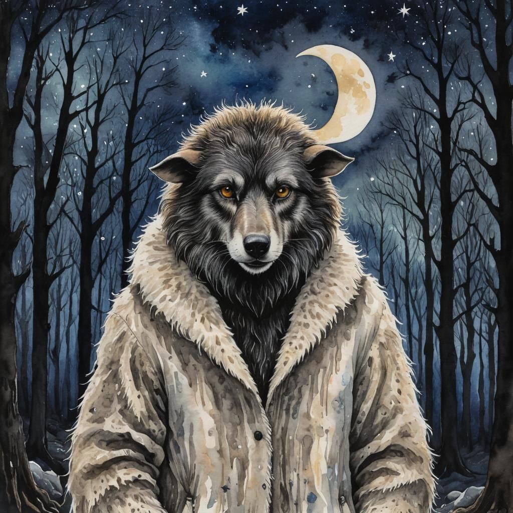 Werewolf Transformation in Sheep's Clothing, Watercolor Styl...