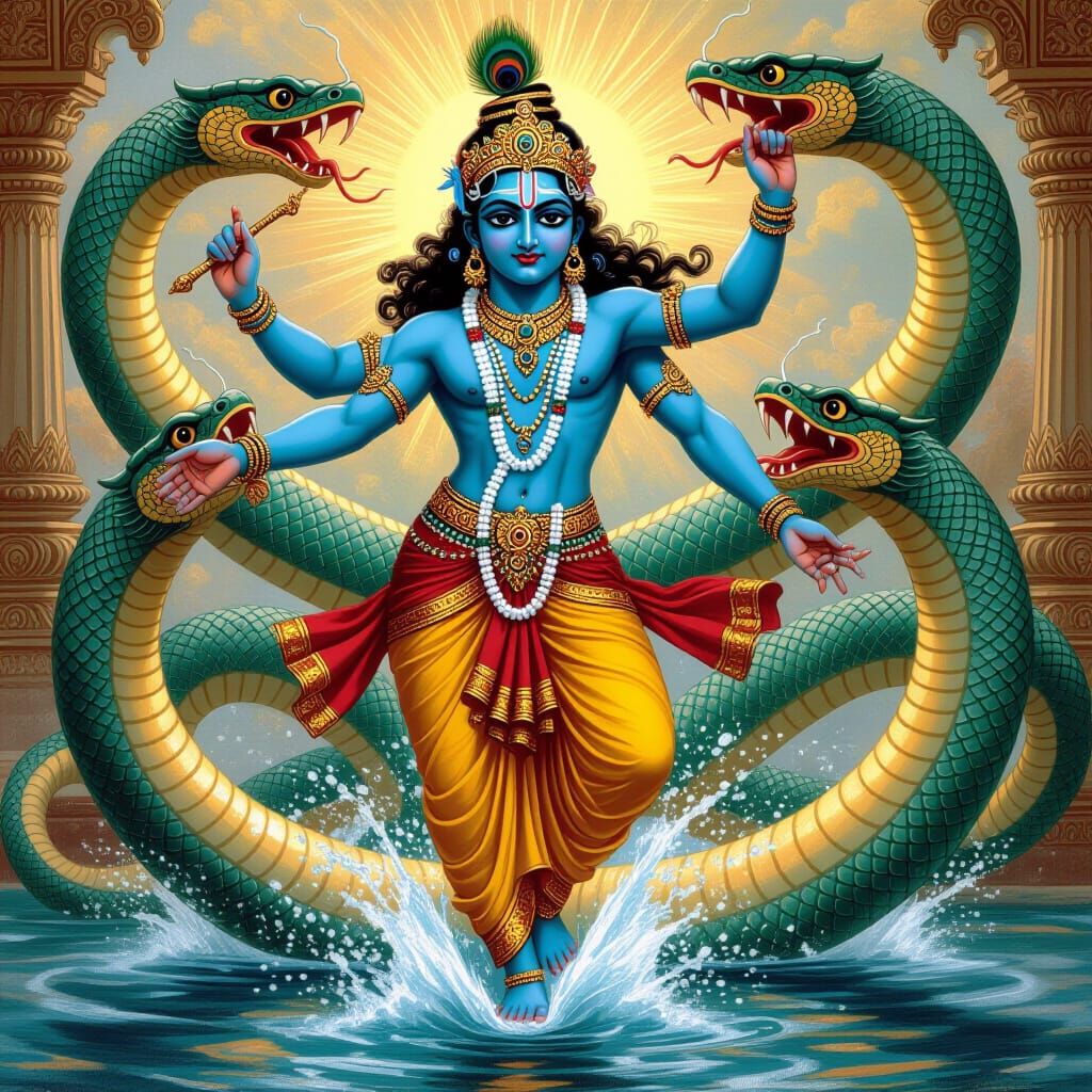 Krishna Dances on Kaliya Serpent in Mythological Style