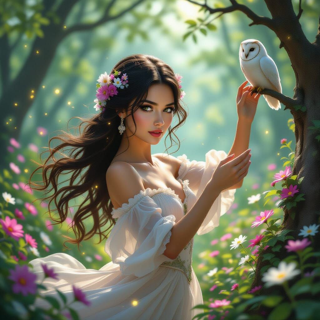 Enchanting Forest Maiden with Flowers in Hair