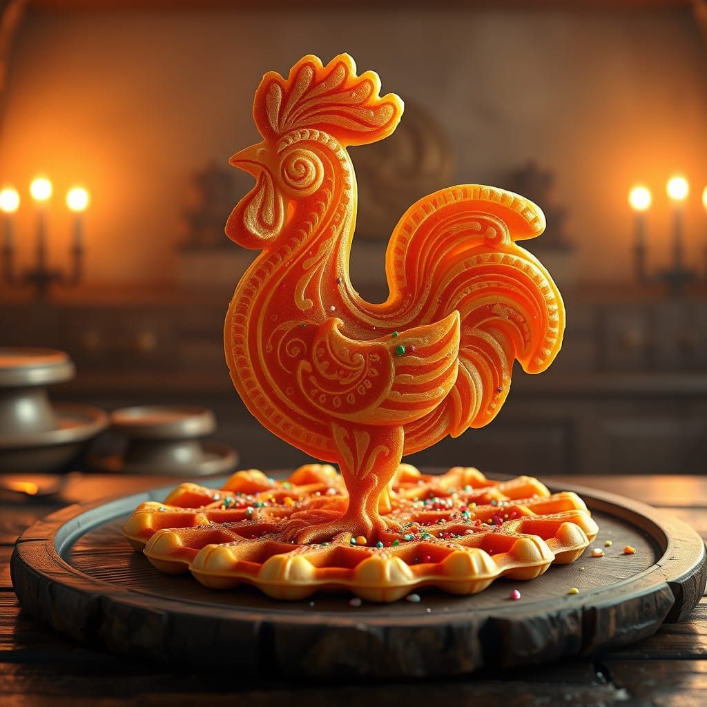 Golden-Brown Cockerel Waffle in a Medieval Kitchen