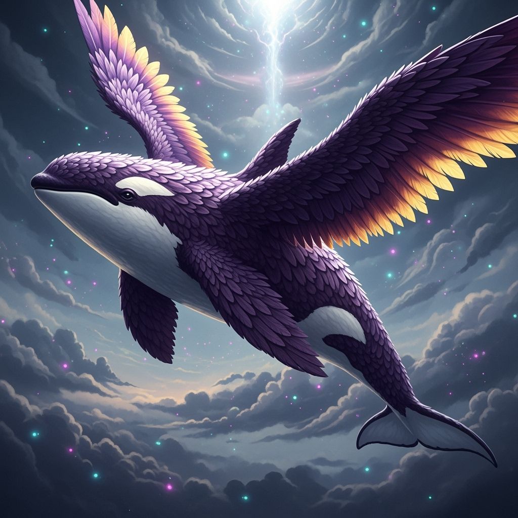 Feathered Killer Whale Soaring in Fantasy Sky