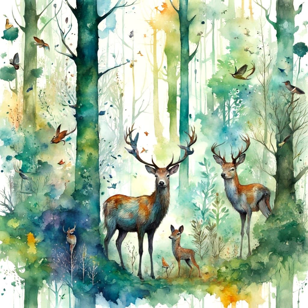 Forest Animals in Watercolour Divisionism Style