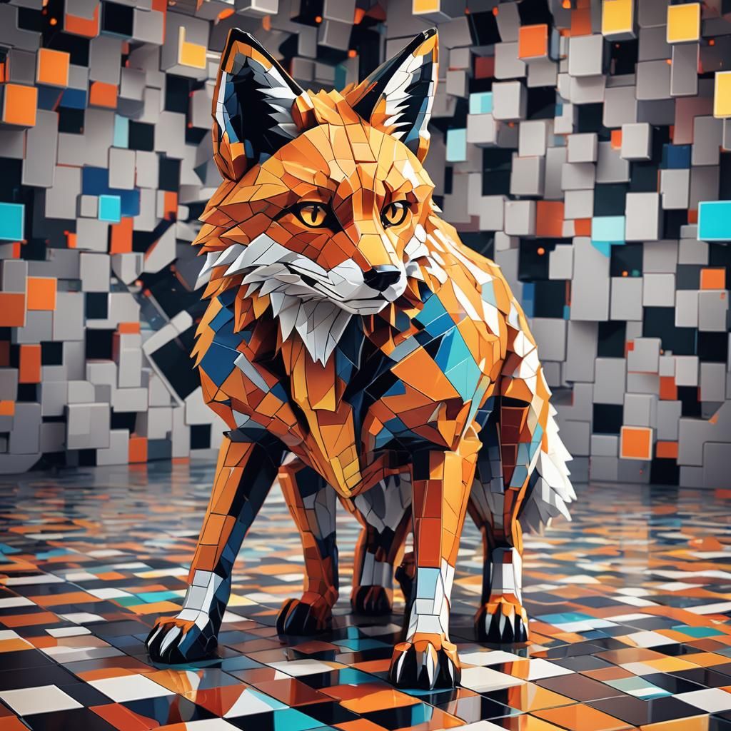 Pixel Fox in Cube Shape: Geometric Abstraction